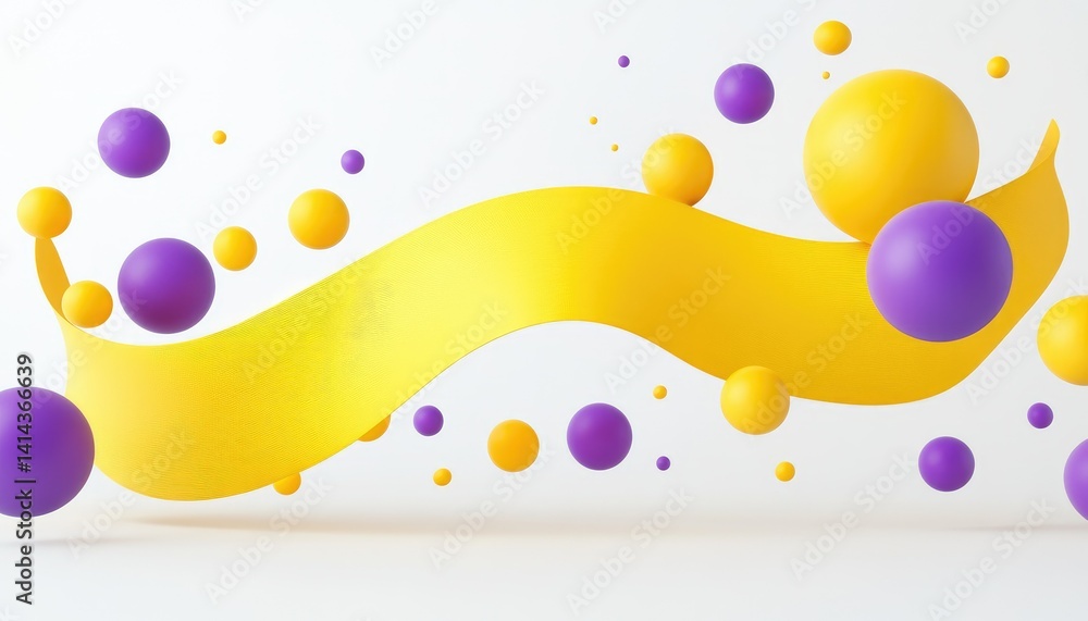 Fototapeta premium Modern 3D of Flowing Ribbon and Spheres Dynamic Abstract Composition with Yellow and Purple Elements on white background