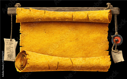 Vintage Yellow Parchment Scroll with Rustic Tags