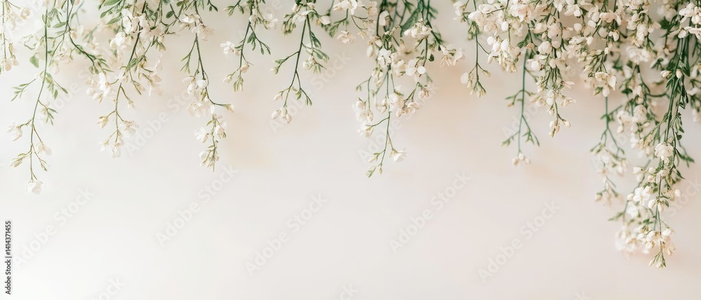 Fresh white florals dangle beautifully, creating a serene atmosphere perfect for weddings, events, or home decor, showcasing nature's delicate charm Fresh white florals dangle beautifully, creating a serene atmosphere perfect for weddings, events, or home decor, showcasing nature's delicate charm
