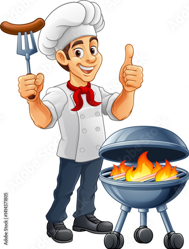 A chef cartoon barbecue cook out brazier cook man. Giving a thumbs up and holding a hotdog or grilled sausage on a BBQ fork mascot character illustration.