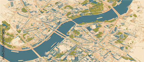 Urban Aerial View - City Map with River and Roads