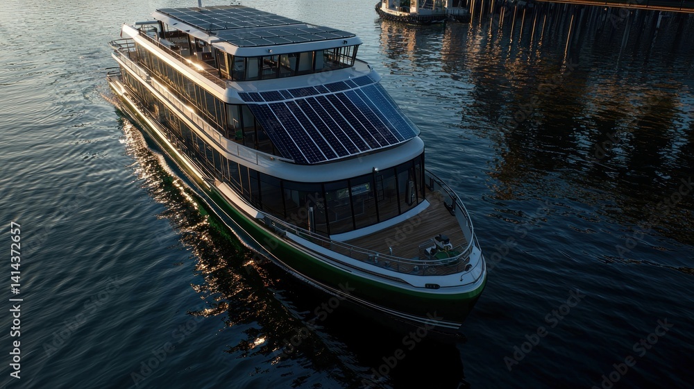 Obraz premium Solar-powered riverboat cruising on calm water at dawn, docks in background