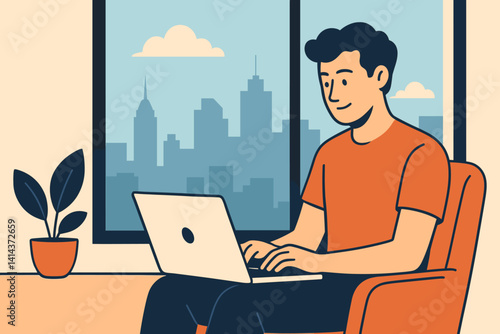 Flat home office scene featuring a freelance or remote employee