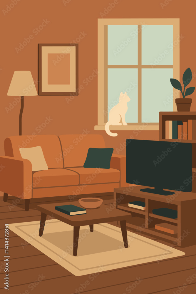 A living room with a stylish decor features furniture, books, and a cat at rest A living room with a stylish decor features furniture, books, and a cat at rest