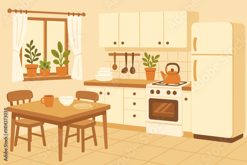 A kitchen interior in a residential setting features furnishings, tableware, and ornamental plants situated close to a window