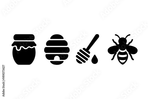 Icons of beekeeping and honey products are presented in a simple flat style