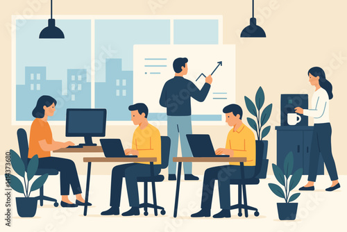 A collaborative office space with desks, tech, and people working