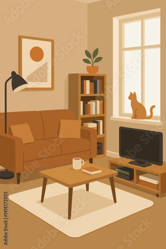 A stylish home living room with furniture, books, and a resting cat