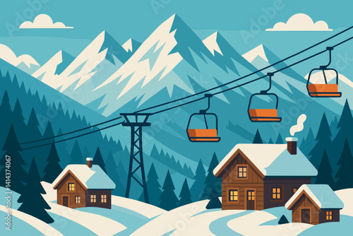 Flat winter getaway scene highlighting ski tourism