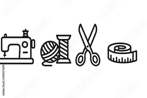 Flat DIY craft icons depicting tools for sewing and knitting