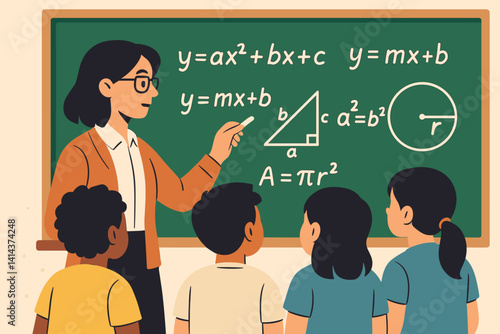 Flat classroom scene featuring math instruction