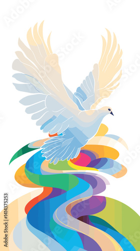 Colorful abstract dove symbol of peace over rainbow waves flat vector illustration