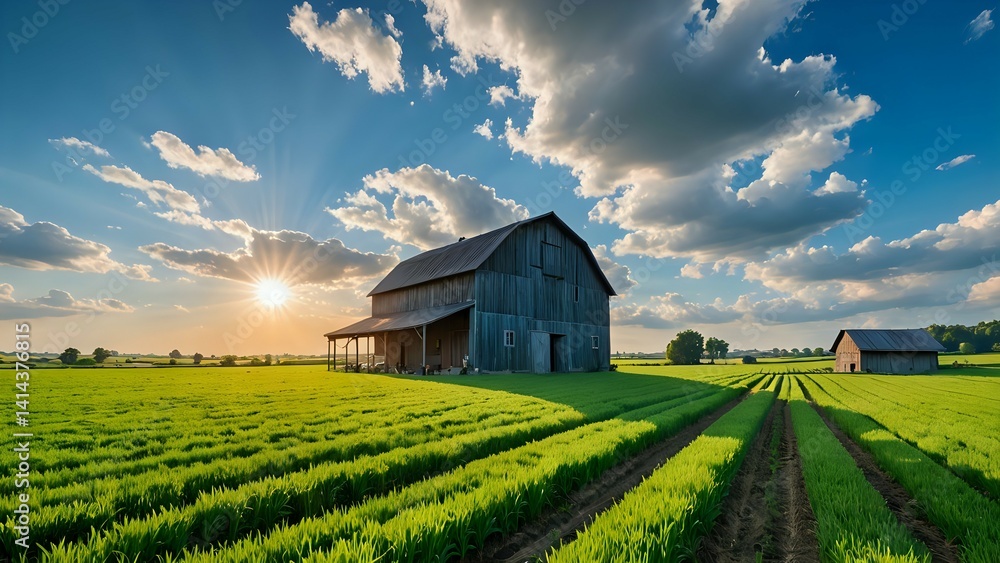 Obraz premium Old wooden barn stands on lush green farmland beneath sunset sky. Agriculture landscape concept 