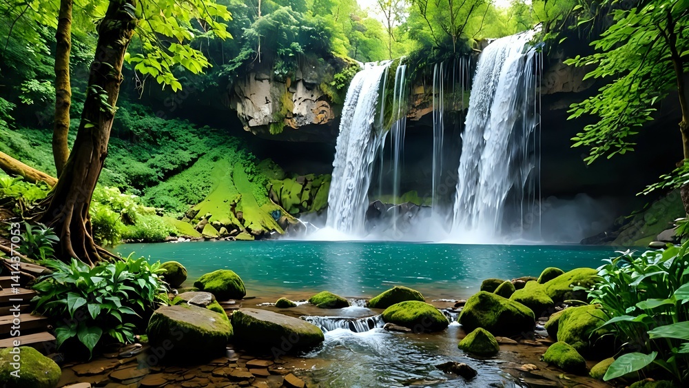 Twin tropical waterfalls cascading into emerald green pool surrounded by mossy rocks and lush rainforest vegetation. Nature landscape concept
Twin tropical waterfalls cascading into emerald green pool surrounded by mossy rocks and lush rainforest vegetation. Nature landscape concept