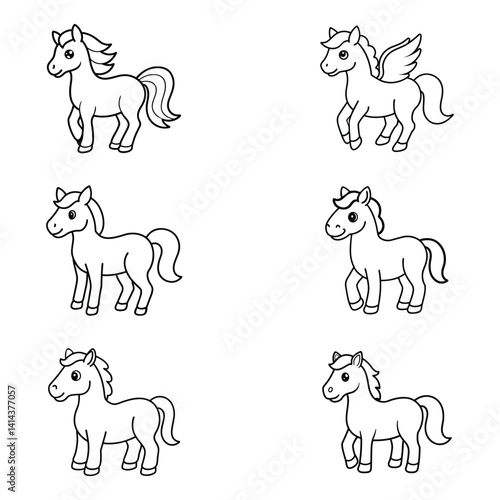 Six Adorable Cartoon Horses Line Art Illustrations