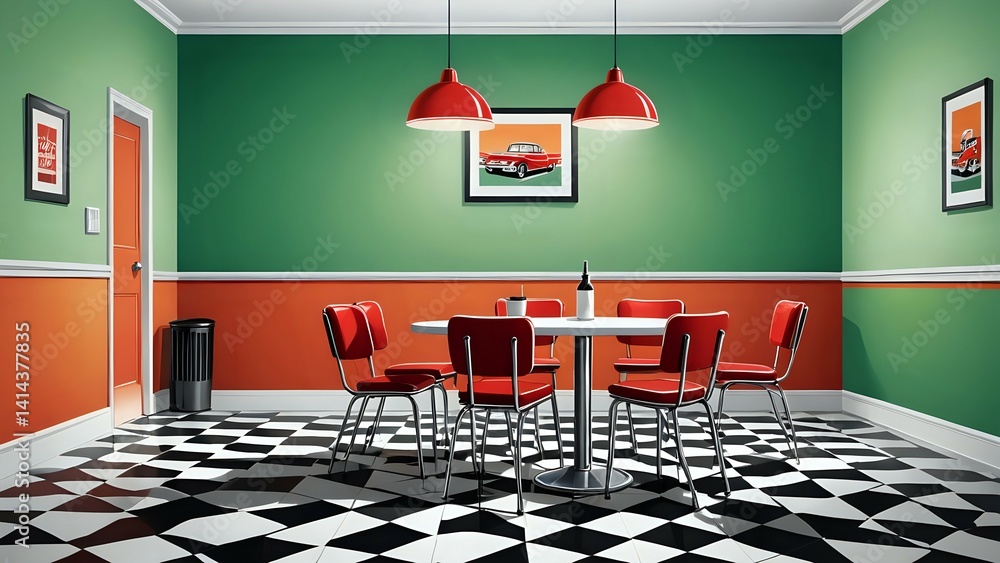 Obraz premium Retro style dining room with red chairs, green walls, and black-white checkered floor under pendant lights. Interior design concept 