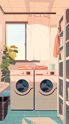 Laundry room with washer and dryer in sunlit space flat vector illustration