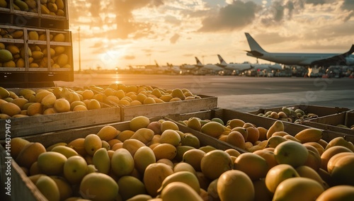Airport Scene with Numerous Mango Crates and Containers Full of Fresh Mangoes Ready for Cargo Plane Pickup at Sunset, Emphasizing Fruit Quality and Freshness, Warm Colors Conveying Joy in Global Food 