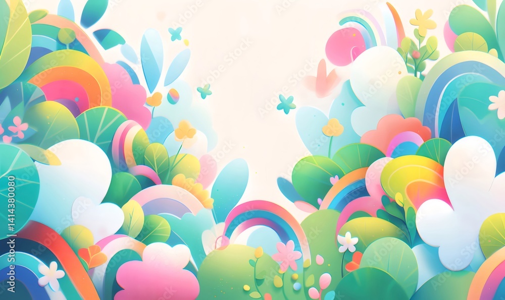 Colorful Abstract Illustration With Rainbows Flowers Leaves And Greenery Against a Light Beige Backdrop Colorful Abstract Illustration With Rainbows Flowers Leaves And Greenery Against a Light Beige Backdrop