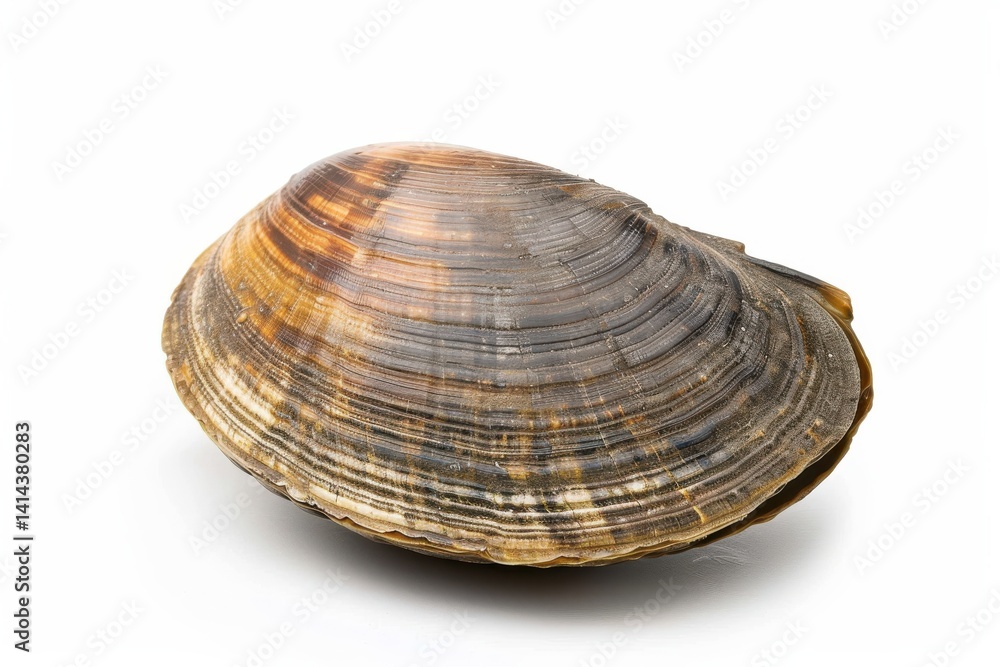 A beautifully textured clam shell resting on a bright white surface showcasing its natural elegance A beautifully textured clam shell resting on a bright white surface showcasing its natural elegance