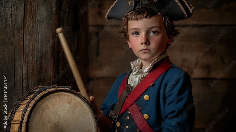 A young boy in a historical military uniform stands with a drum. His expression conveys determination and courage. This artistic portrayal captures a significant moment. Generative AI