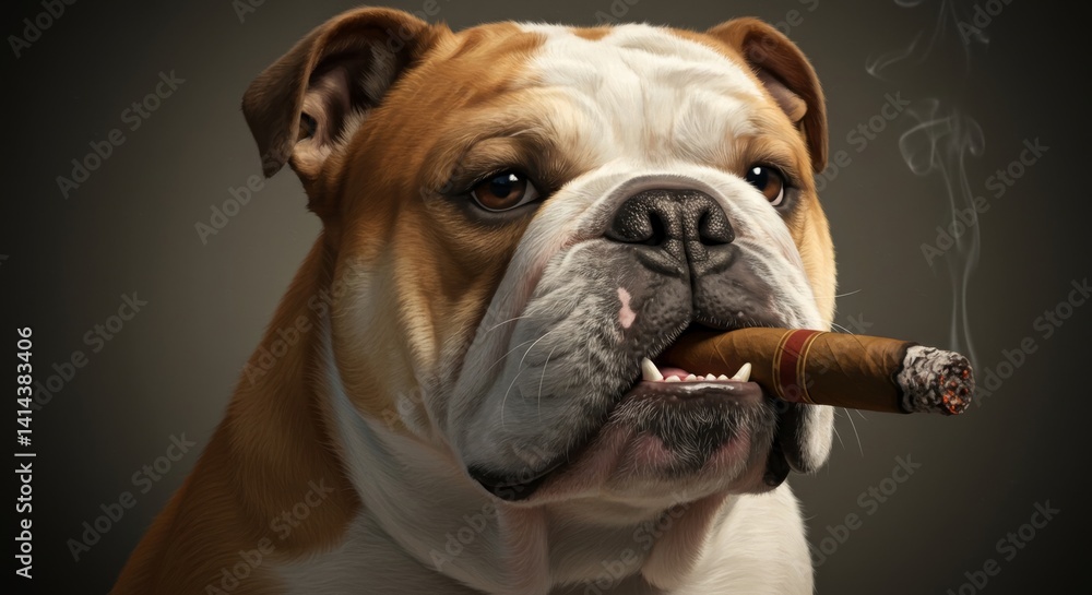 English bulldog with a cigar in his mouth in a library English bulldog with a cigar in his mouth in a library