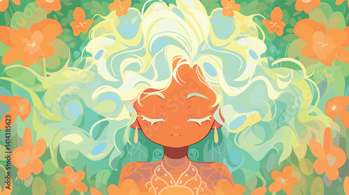 Peaceful abstract female portrait with bright hair and floral background flat vector illustration