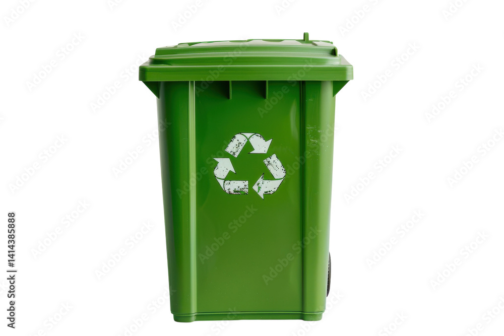 A vibrant green recycling bin featuring the universal symbol against a clean white background isolated on transparent background A vibrant green recycling bin featuring the universal symbol against a clean white background isolated on transparent background