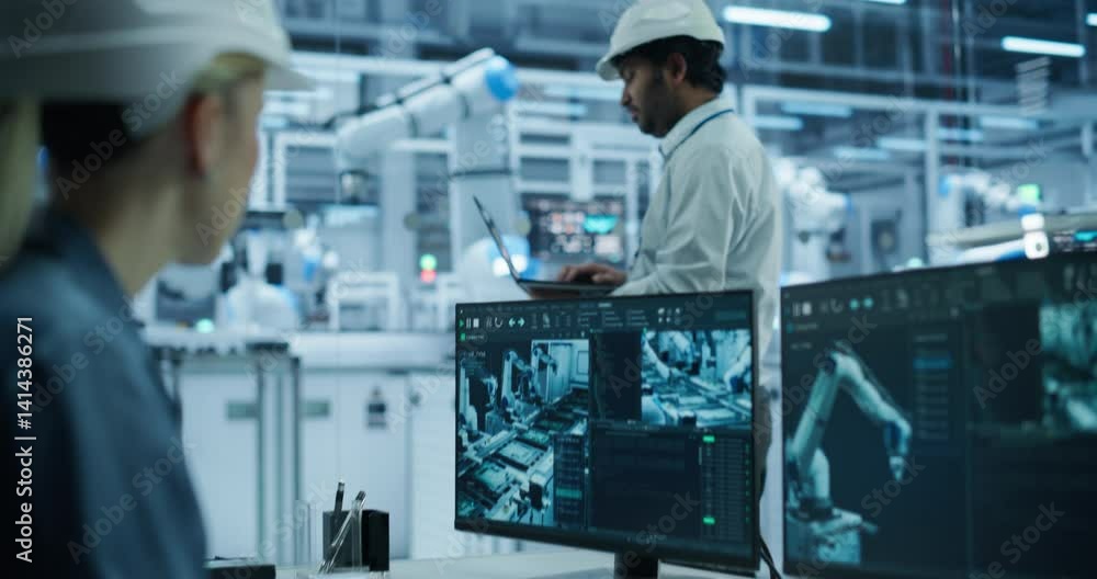 Caucasian Female Engineer Sitting Behind a Desk in a Modern Product Development Facility, Using Industrial Computer Software on Dual Monitors, Monitoring Electronics Production Line with Robotic Arms Caucasian Female Engineer Sitting Behind a Desk in a Modern Product Development Facility, Using Industrial Computer Software on Dual Monitors, Monitoring Electronics Production Line with Robotic Arms