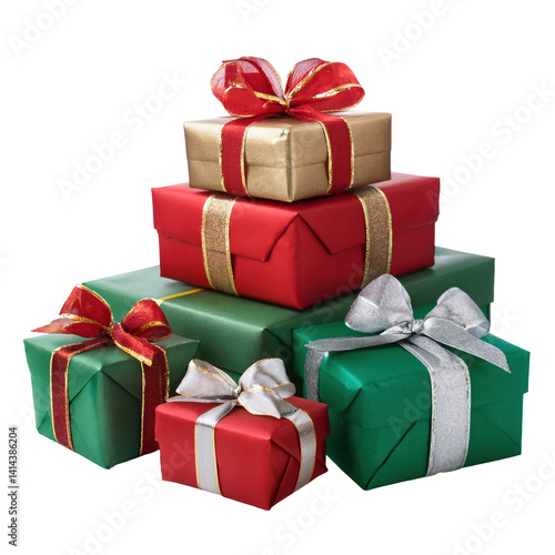 Colorful Christmas Gift Boxes Stacked for Holiday Celebration on transparent background