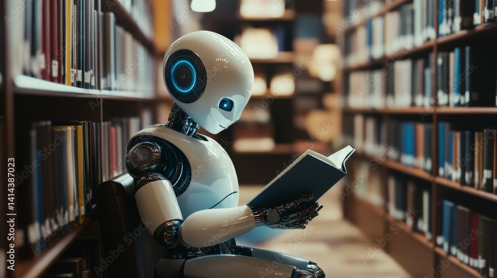 Robot reading a book in a modern library setting with shelves Robot reading a book in a modern library setting with shelves