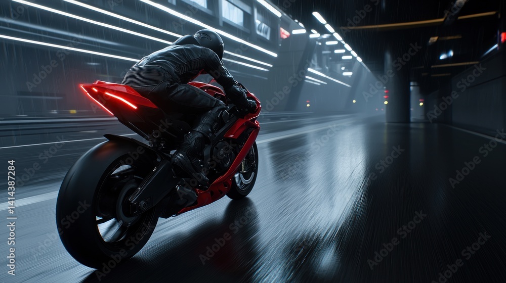 Obraz premium Rider on red motorcycle, wet tunnel, futuristic scene