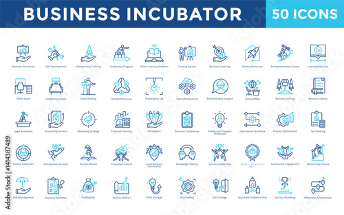 Business Incubator icons set with business workshop, skill development, entrepreneur training, leadership program, online learning platform, training session icon. Simple outline color vector 
