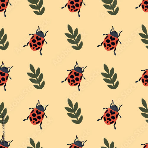 Ladybug and Leaf Seamless Pattern. This vector illustration showcases alternating red ladybugs and green leaves, ideal for textiles and decor.