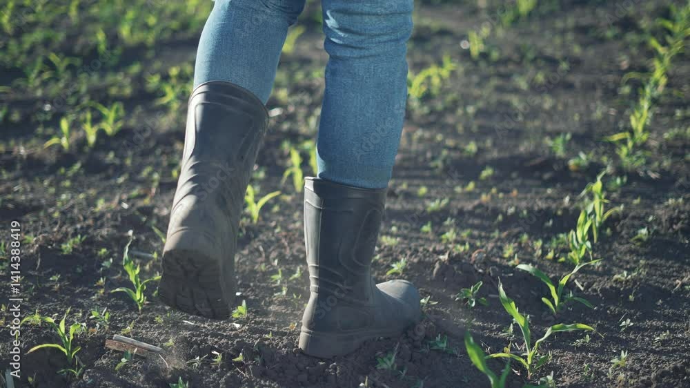 Farmer walking through field in rubber boots. farmer rubber boots on soil with young plants. Agriculture lifestyle with farmer rubber boots in field. Farming concept showing farmer rubber boots soil. Farmer walking through field in rubber boots. farmer rubber boots on soil with young plants. Agriculture lifestyle with farmer rubber boots in field. Farming concept showing farmer rubber boots soil.