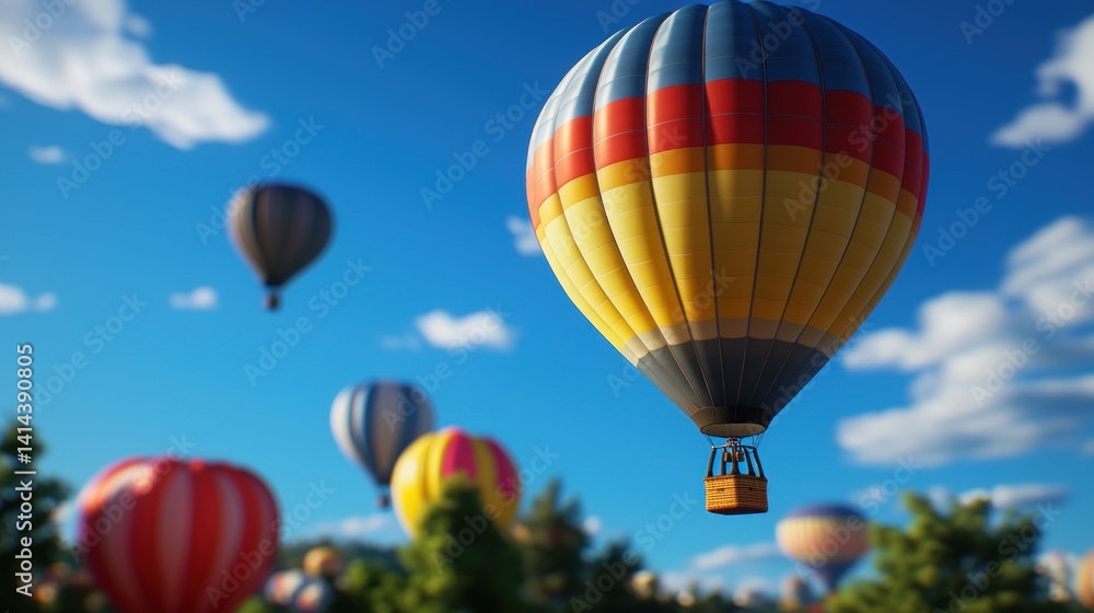 Obraz premium Colorful hot air balloons soar over a landscape on a sunny day