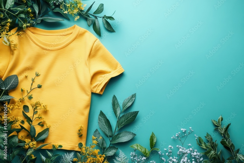 Bright yellow t-shirt surrounded by vibrant green leaves and flowers on a teal background