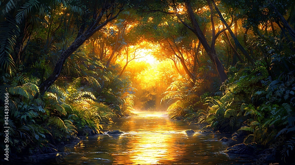 Obraz premium Sunlit jungle river path. Lush, verdant forest canopy arches over a tranquil river, bathed in golden sunlight