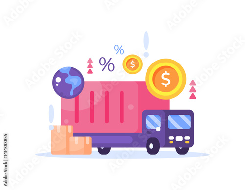 the concept of import and export costs and taxes is increasing. increase and economy. illustration of a truck carrying products for export and import. flat style character design. elements