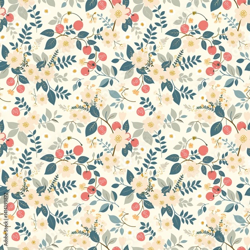 Whimsical Watercolor Cherry Pattern in Vintage Style, Featuring Soft Hues and Playful Sweet Fruit in Seamless Repeat