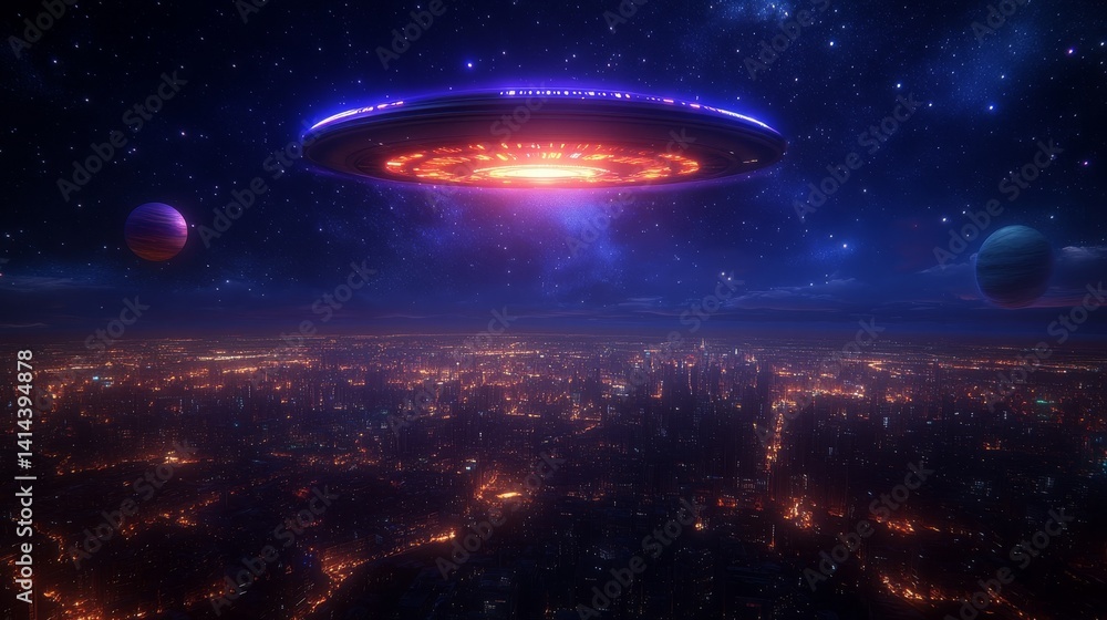 Futuristic UFO hovering over a vibrant city at night under a starry sky with planets Futuristic UFO hovering over a vibrant city at night under a starry sky with planets