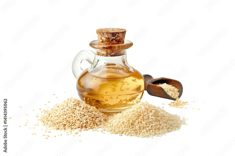 A beautifully arranged display of golden sesame oil and seeds on a pristine white background isolated on transparent background A beautifully arranged display of golden sesame oil and seeds on a pristine white background isolated on transparent background
