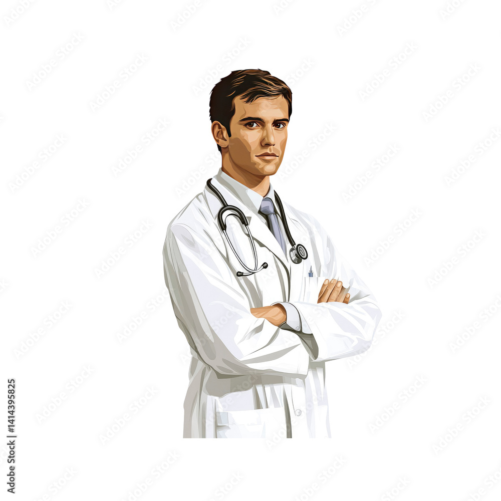 Confident Young Male Doctor with Stethoscope, Arms Crossed Confident Young Male Doctor with Stethoscope, Arms Crossed
