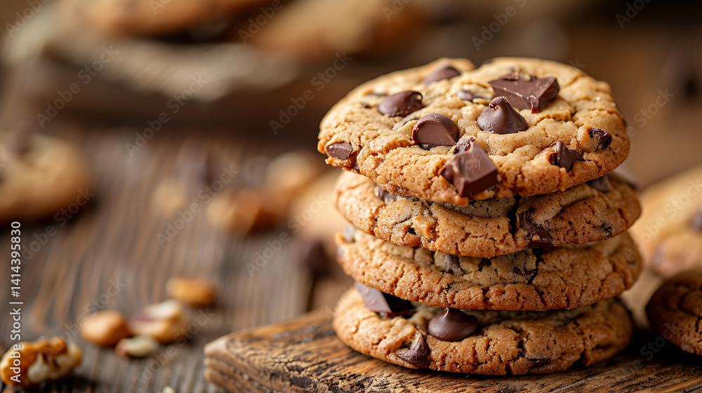 Stack of Chocolate Chip Cookies on Wooden Table Stack of Chocolate Chip Cookies on Wooden Table