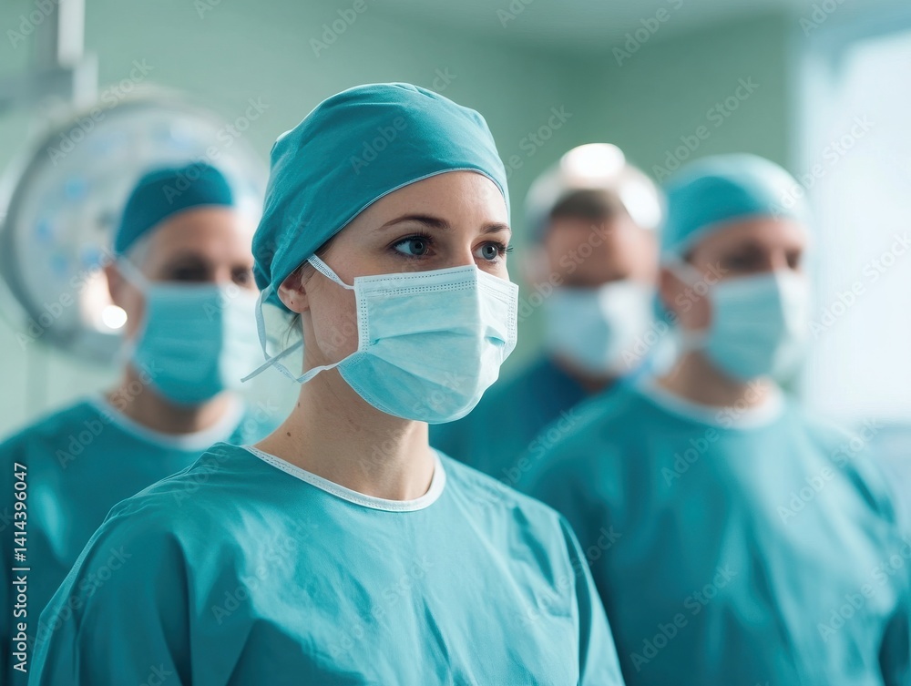 A focused group of healthcare professionals in scrubs and masks, ready for a surgical procedure, showcasing teamwork and preparation in a medical environment. A focused group of healthcare professionals in scrubs and masks, ready for a surgical procedure, showcasing teamwork and preparation in a medical environment.