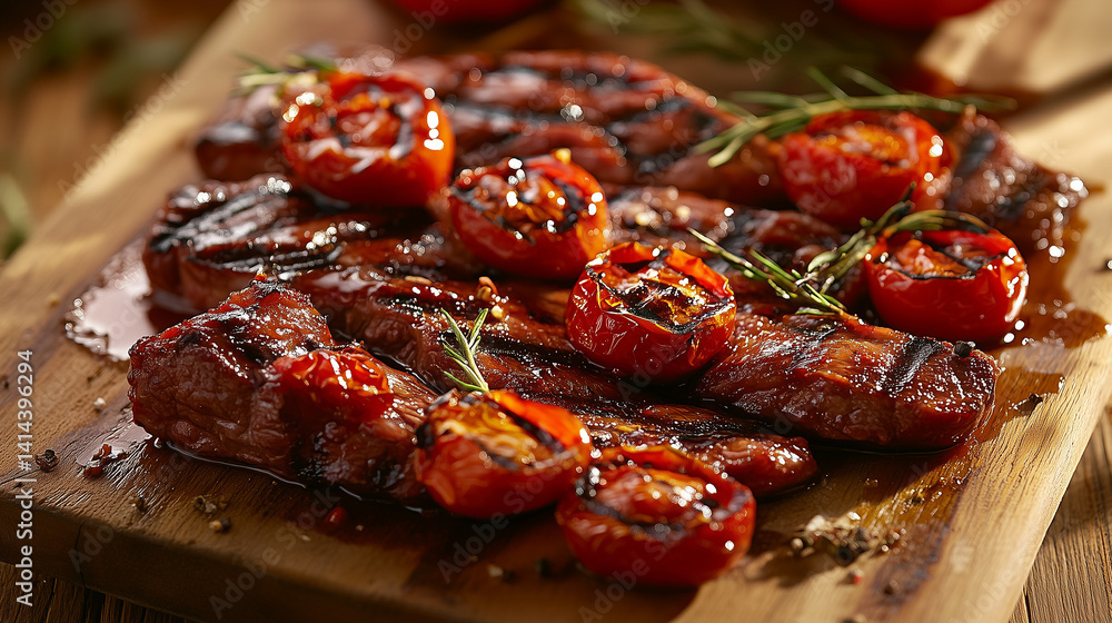 Grilled beef steak with roasted tomatoes on a rustic board - a hearty and flavorful meal Grilled beef steak with roasted tomatoes on a rustic board - a hearty and flavorful meal