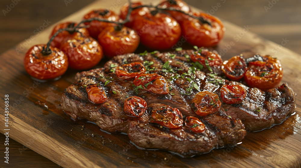 Grilled beef steak with roasted tomatoes on a rustic board - a hearty and flavorful meal Grilled beef steak with roasted tomatoes on a rustic board - a hearty and flavorful meal
