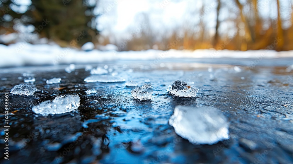 Fototapeta premium Ice coating on asphalt â€“ a macro shot of frozen asphalt after the winter period. 