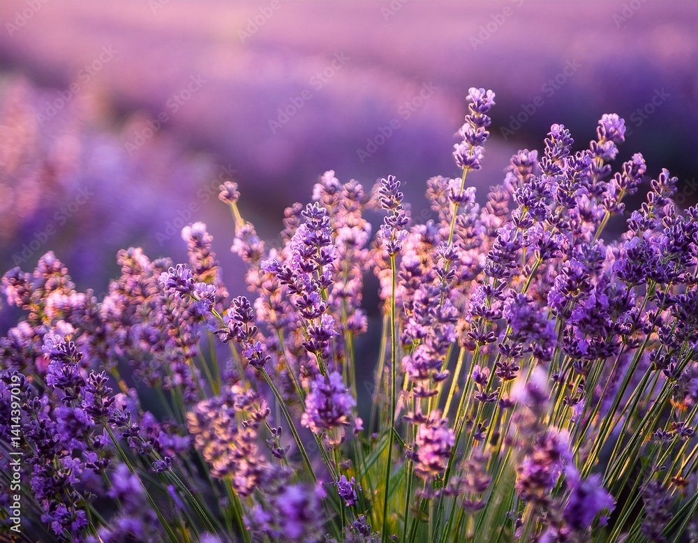 Fototapeta premium Blooming Lavender flowers field panoramic view for summer background, banner. Soft selective