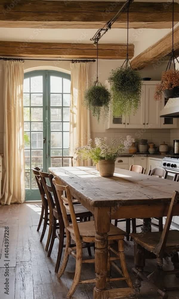 Rustic Country Dining Room with Reclaimed Wood Table, Vintage Mismatched Chairs, Cozy Natural Lighting, Cottagecore Aesthetic, Nostalgic Farmhouse Decor, and Authentic Rural Interior Details Rustic Country Dining Room with Reclaimed Wood Table, Vintage Mismatched Chairs, Cozy Natural Lighting, Cottagecore Aesthetic, Nostalgic Farmhouse Decor, and Authentic Rural Interior Details